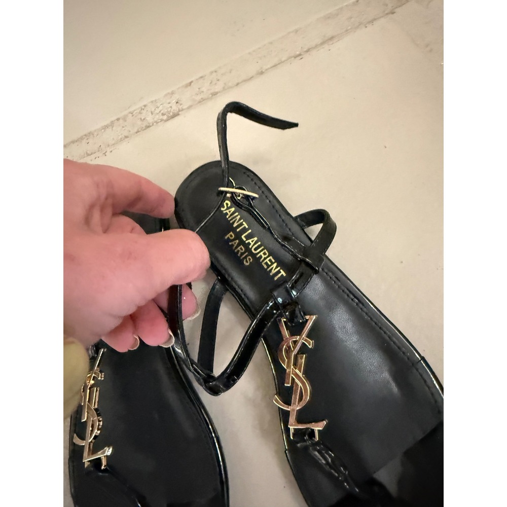 Saint Laurent Cassandra Black Patent Leather YSL Logo Flat Sandals Size 36 - Picture 2 of 5